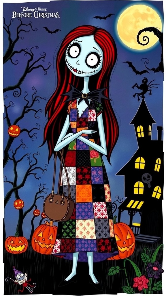 Sally Sally from The Nightmare Before Christmas in her patchwork dress, surrounded by Halloween Town elements.